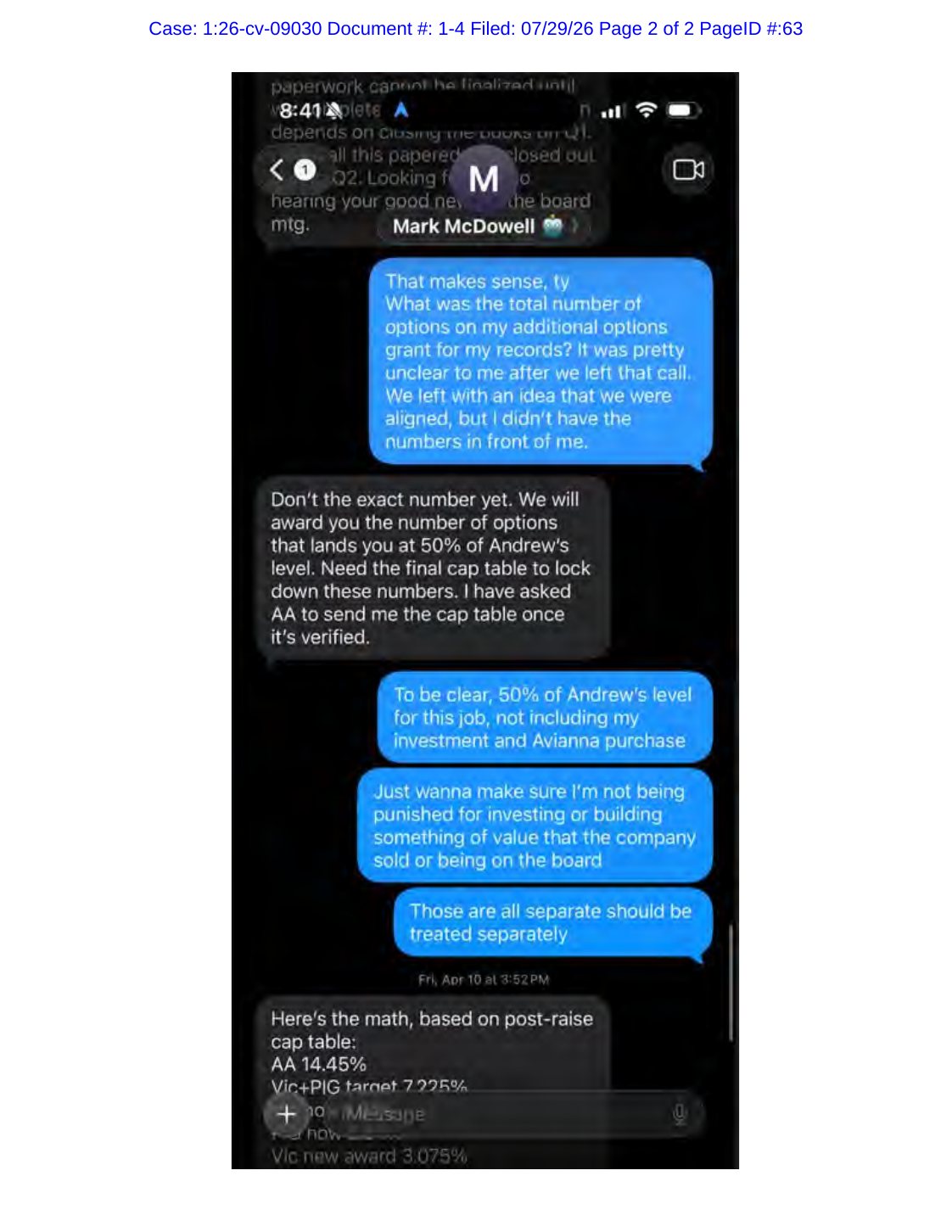 Filed Exhibit D, April 9 and 10, 2026 text-message screenshot between Victorio Pellicano and Mark McDowell