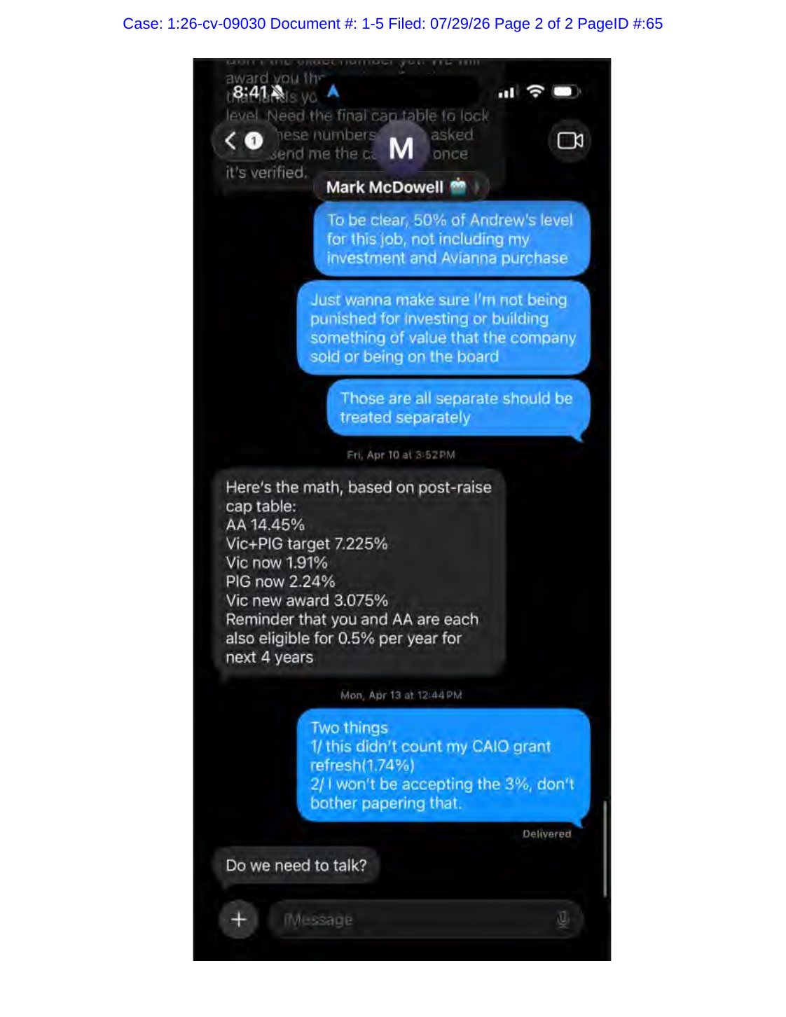 Filed Exhibit E, April 13, 2026 rejection text from Victorio Pellicano to Mark McDowell