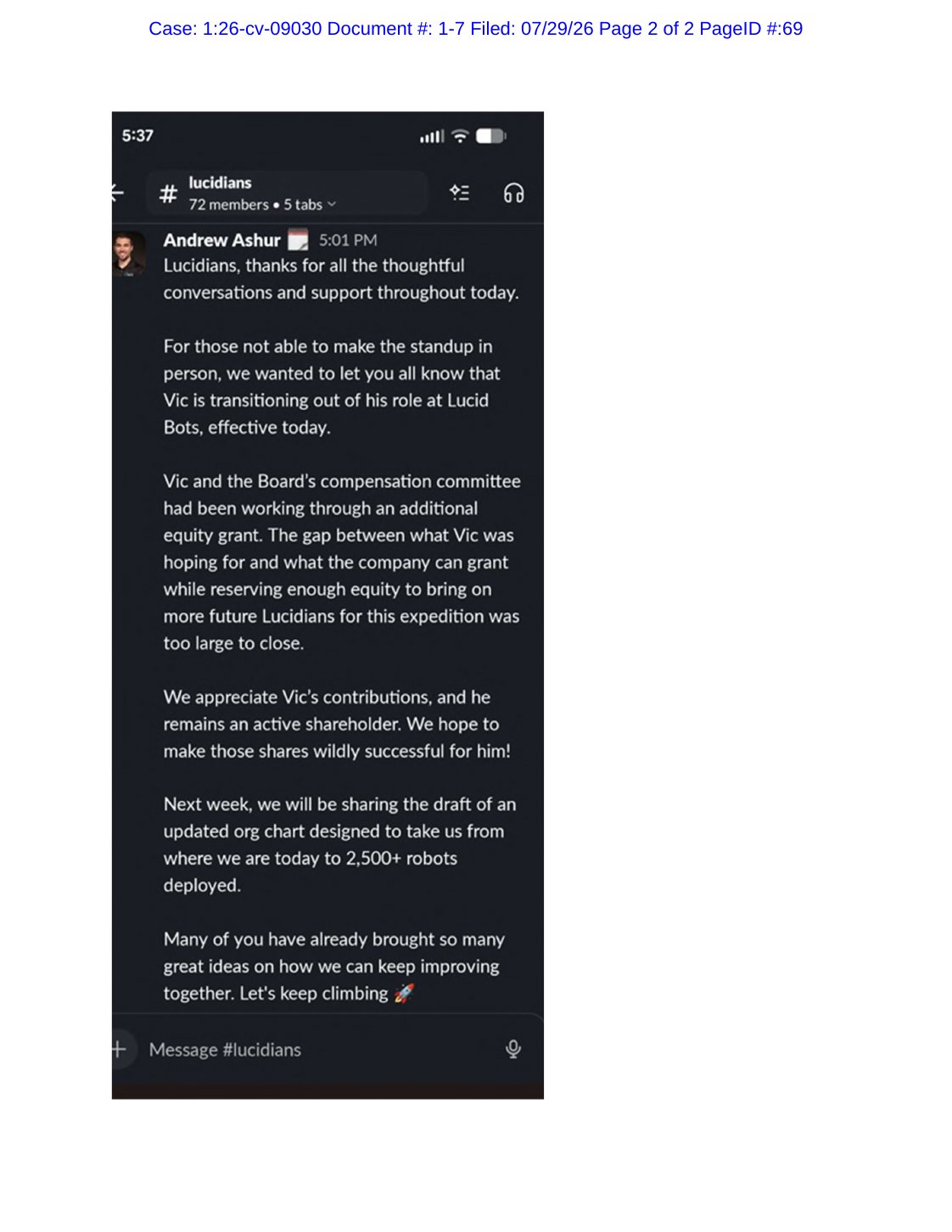 Filed Exhibit G, Andrew Ashur's May 8, 2026 message in Lucid Bots' lucidians Slack channel